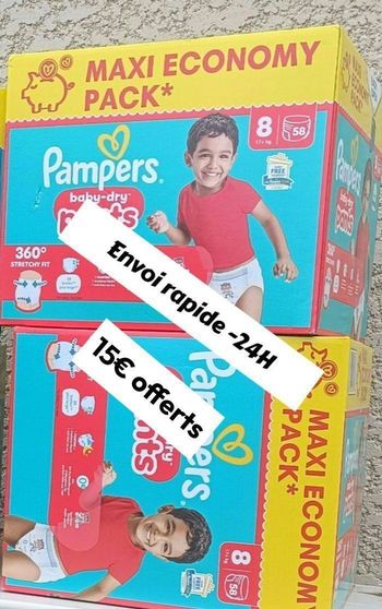 116 couches Pampers taille 8 pants+17 kg lot de 2 cartons