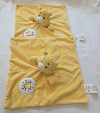Lot de 2 doudous ours Bisounours carré plat jaune - soleil - Care Bears
