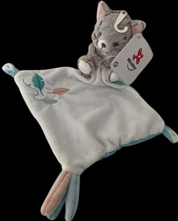 ❤️ Doudou Plat Mouchoir Chat Cat Blanc Bleu Nicotoy Simba Toys Plumes