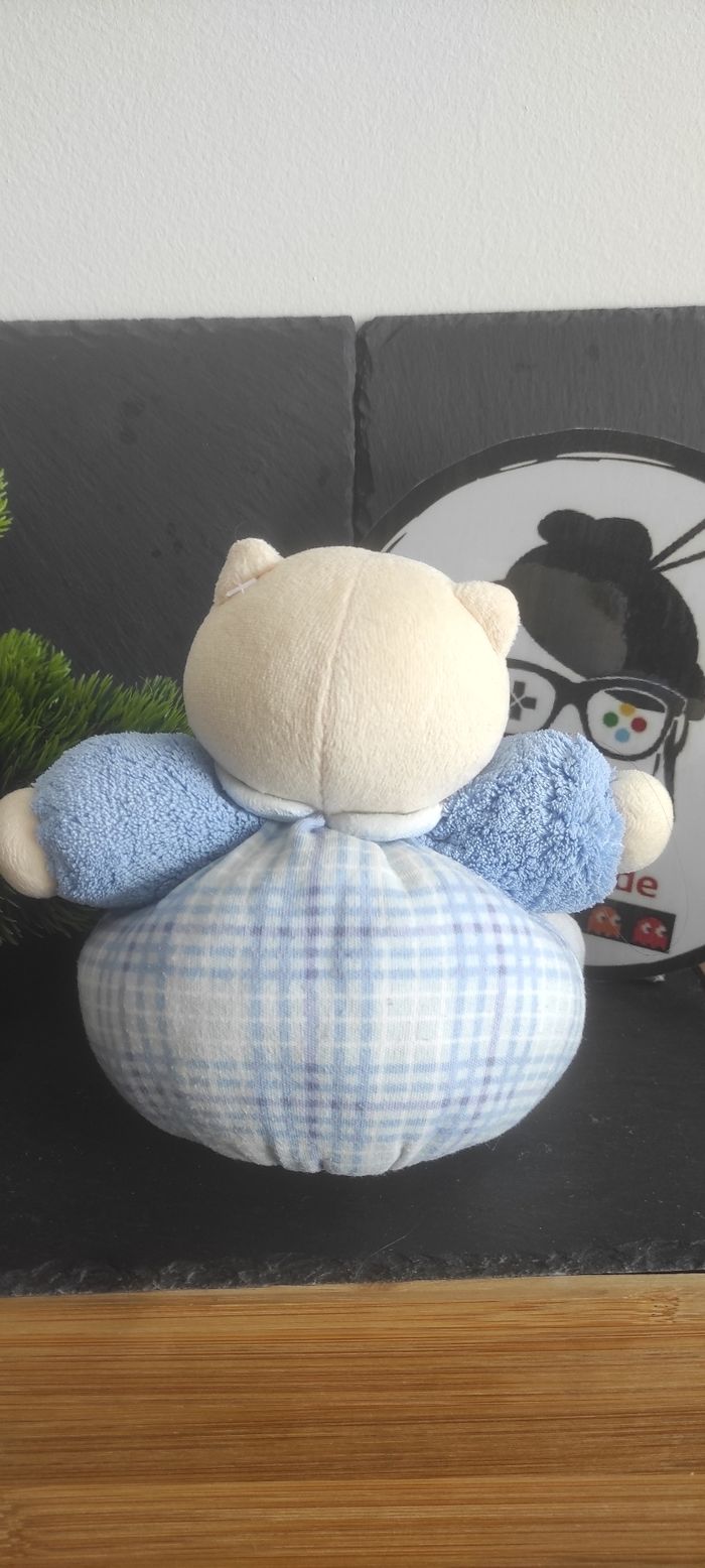 Peluche doudou boule chat beige bleu kaloo souris carreaux vichy marron rond - photo numéro 2