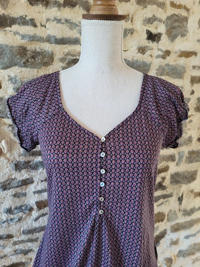 Blouse manches courtes noire rose et blanche à motifs Camaïeu Taille 1 ou 34 - photo numéro 2