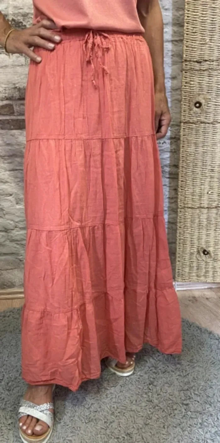 Jupe longue fluide volants gaze de coton rose neuve