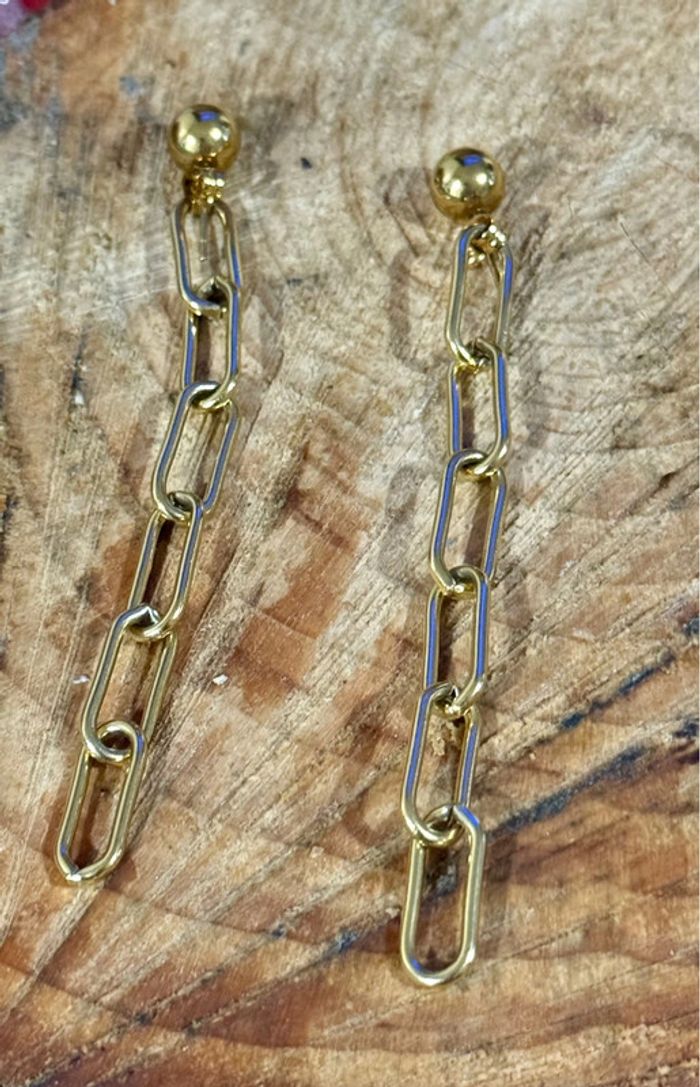 Boucles d’oreilles longues chaînes épaisse acier inoxydable or mile Mila - photo numéro 2