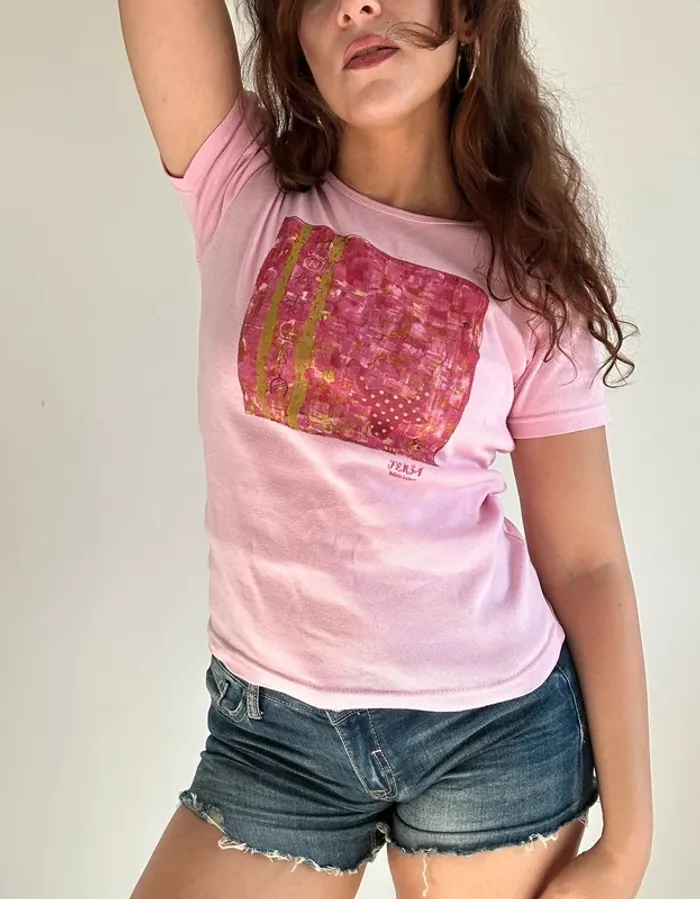 T shirt vintage y2k années 2000 en coton rose à motifs taille S/M - photo numéro 5