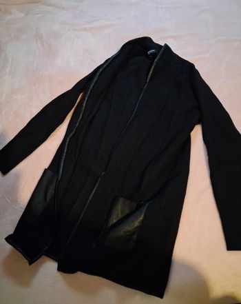 Gilet mi long ouvert col chandail veste en maille et simili cuir femme fille taille 34