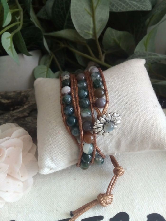 Bracelet bohemia en pierres naturelles d'agate indienne et labradorite et cordon cuir tabac - photo numéro 2