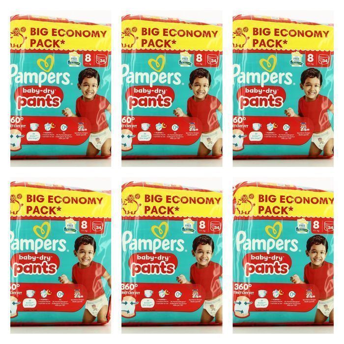 Lot de  204  Couches Pampers Baby Dry  Pants 19 + KG  Taille  8 Neuf