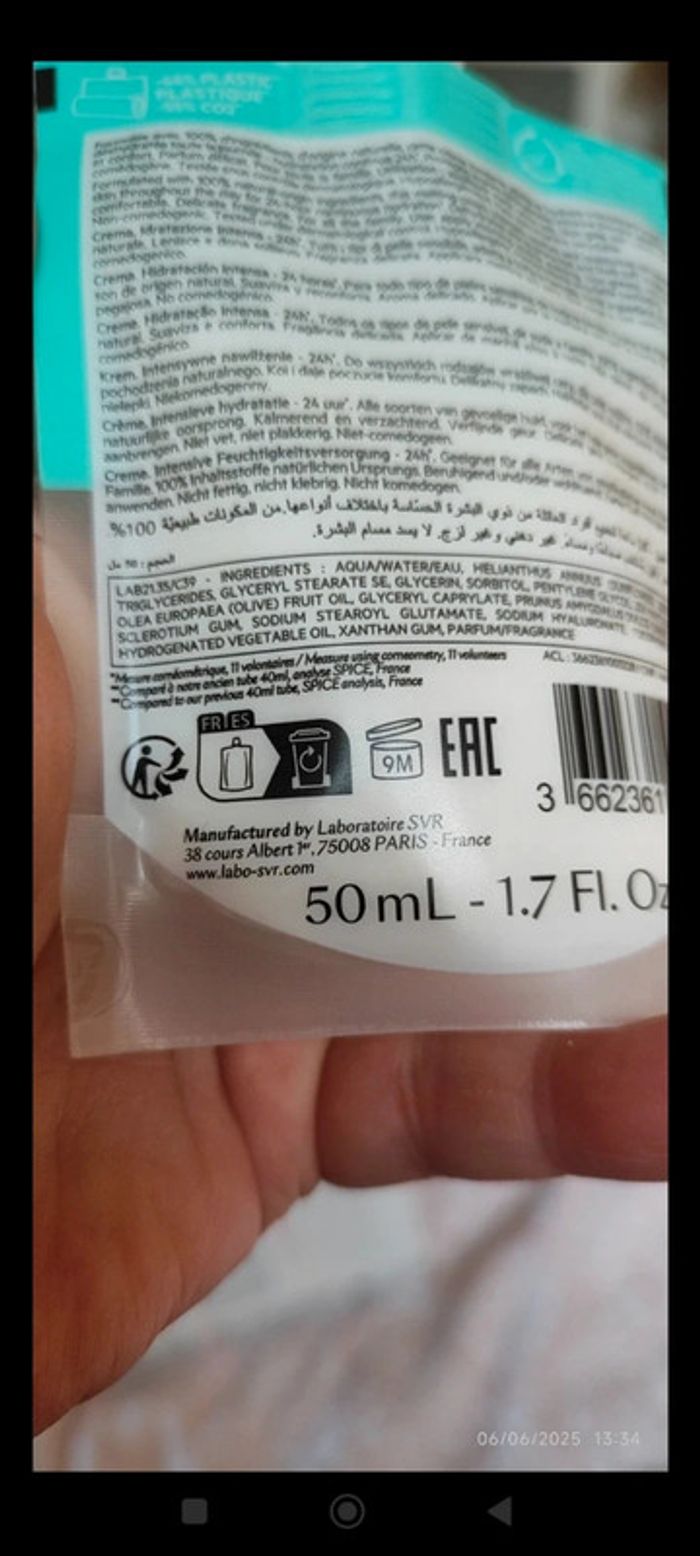 SVR Crème Hydraliane 
Hydratation Intense Acide Hyaluronique et Glycérine 50 ml
Neuf - photo numéro 4
