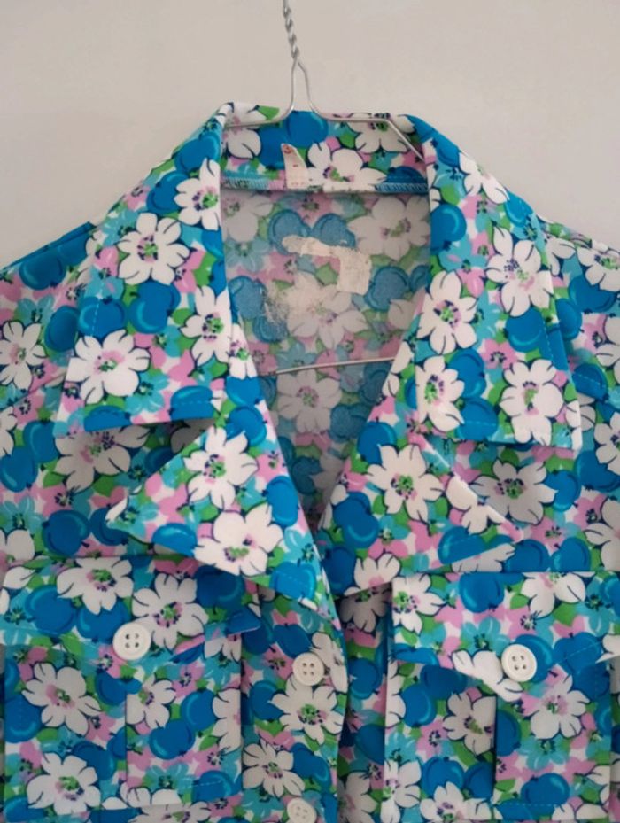 Magnifique Ensemble vintage 70's bleu fleurs roses /blanches taille 34 - photo numéro 8