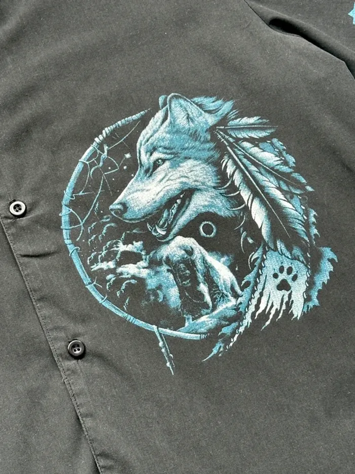 Chemise vintage à motifs loup noire et bleu taille XL - photo numéro 4
