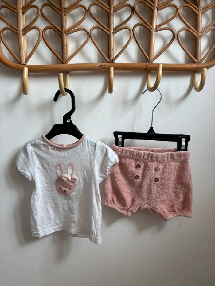 Ensemble été short éponge + t-shirt lapin rose 3 mois