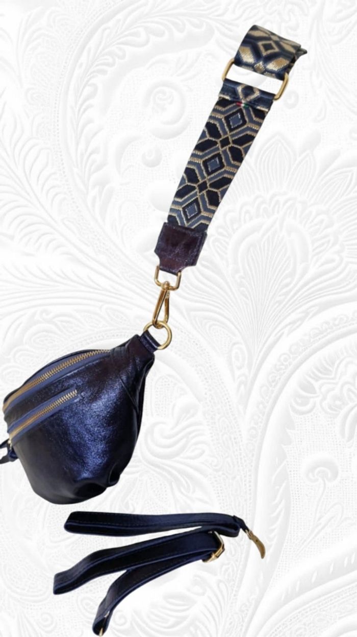Bandoulière fantaisie finitions cuir irisé bleu nuit - photo numéro 3