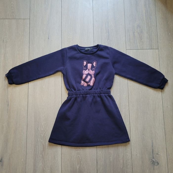 Robe bleu marine avec motif rose brillant. Fille 6 ans. Marque In Extenso