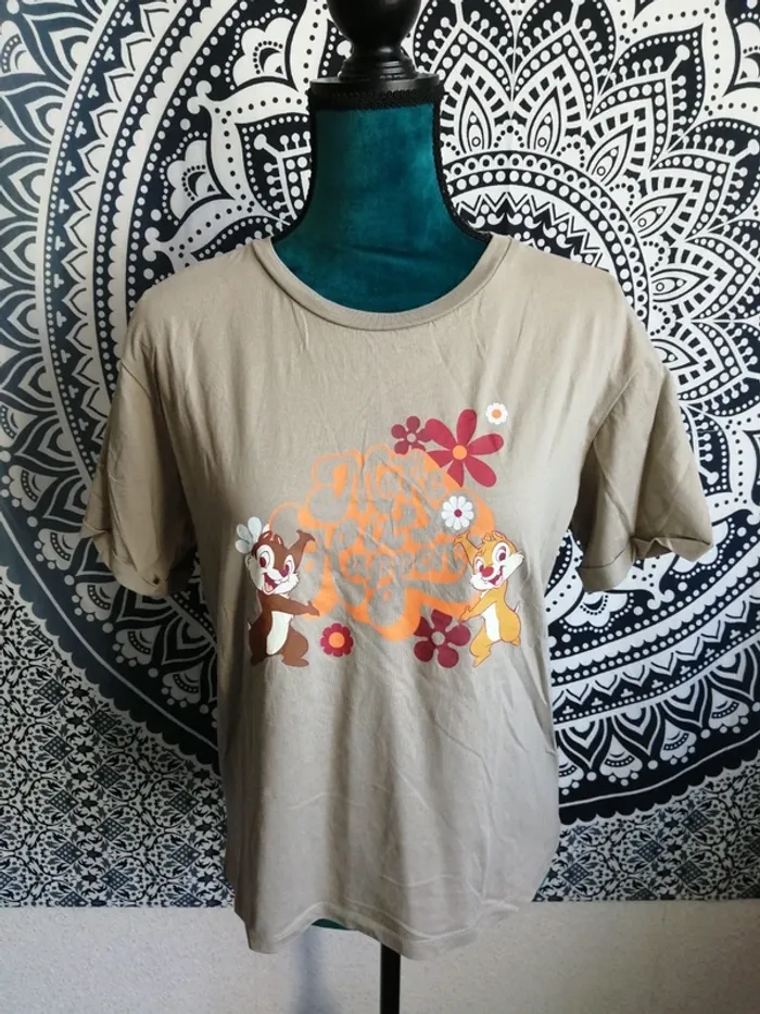 Tee-shirt marron taupe imprimé tic et tac avec fleurs et écriture / disney / (m) - photo numéro 2