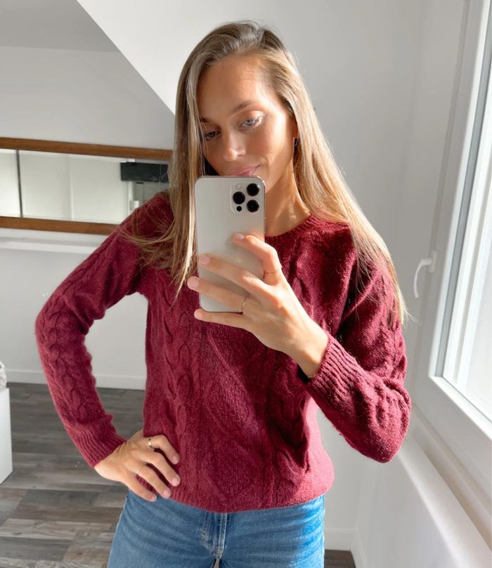Pull H&M bordeaux maille torsadée