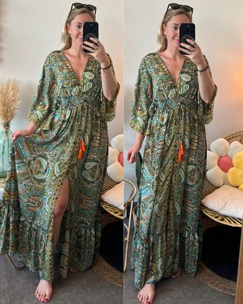 Robe longue bohème verte avec motifs fleuris et paisley, taille unique - Kharma