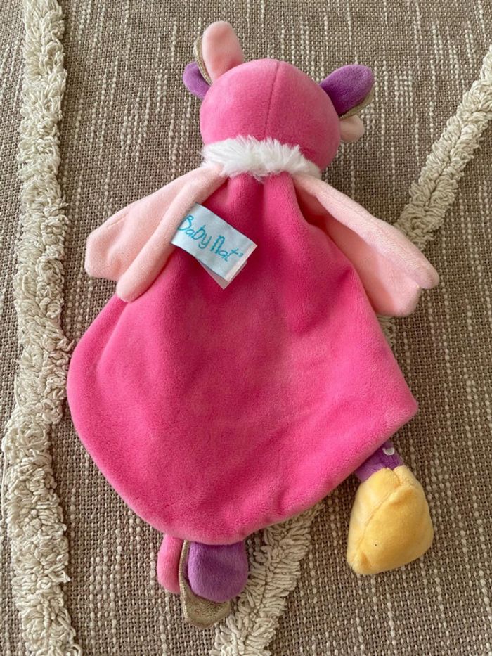 Peluche doudou plat 30cm Babynat chouette hiboux rose jaune violet et blanc parfait état - photo numéro 3