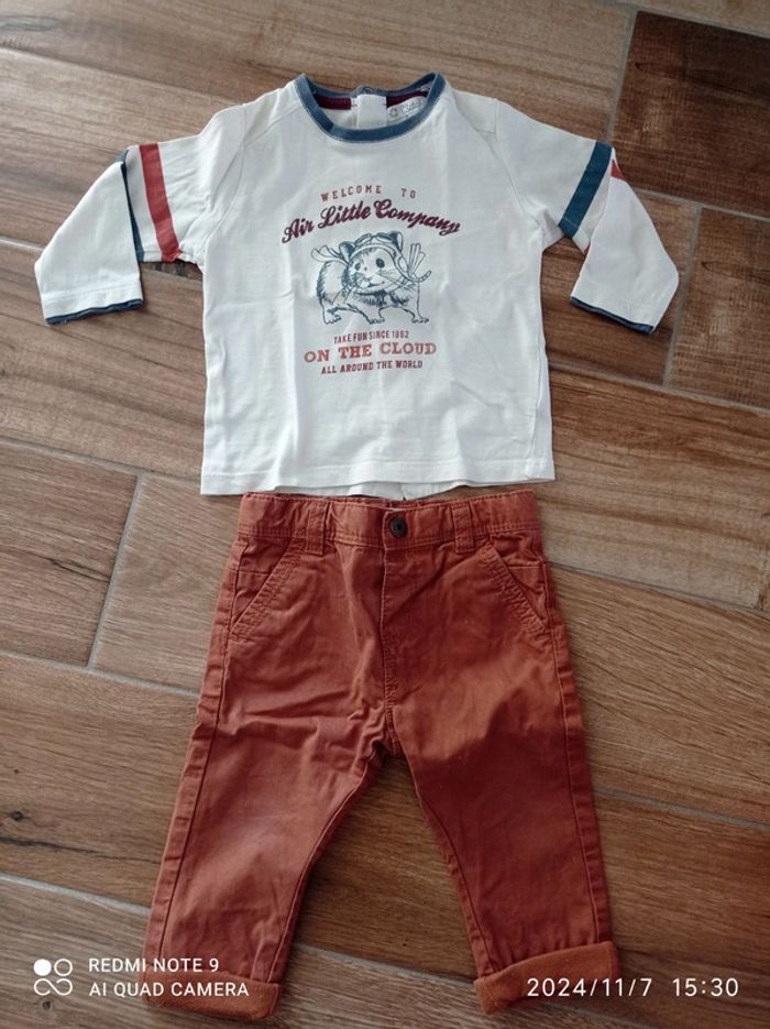 Ensemble 12 mois Jean Camel+ tee shirt 🐹+ pull chiné marine torsadé - photo numéro 2