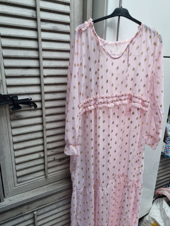 Robe de nuit manche longue rose transparente à petit pois taille S