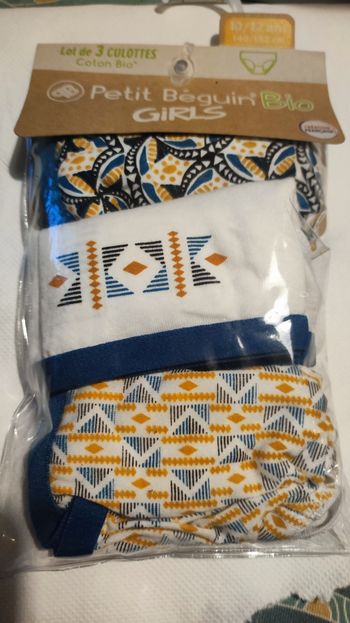 Lot de 3 culottes en coton bio fabrication française. Fille 10/12 ans neuves