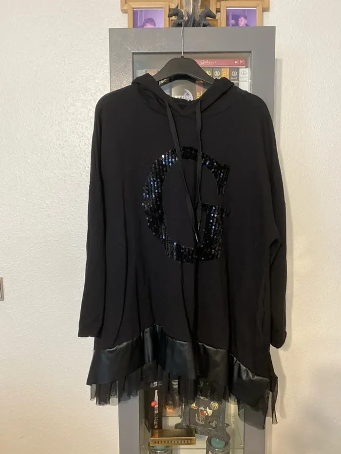 superbe pull tunique à capuche original taille 52 bi matière - photo numéro 2