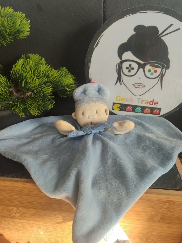 Doudou plat marin jacadi garçon bleu blanc noeud ponpon ancien Foulard Beige