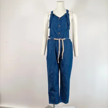 Salopette en jean bleu sans manches - ceinture corde - dos nu Taille M/L A396