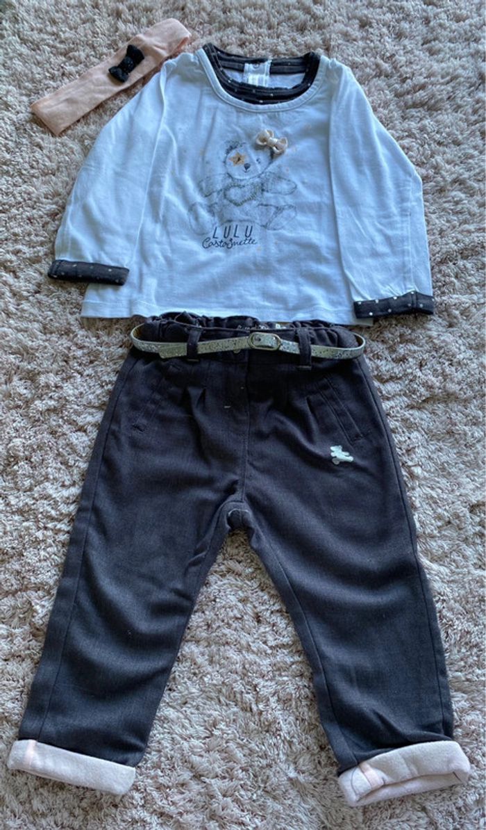 Ensemble pantalon avec ceinture, tee-shirts manches longues et bandeau Lili castagnette 18 mois
