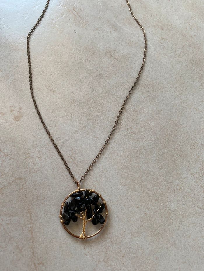 Collier doré arbre perle obsidienne lithothérapie - photo numéro 6