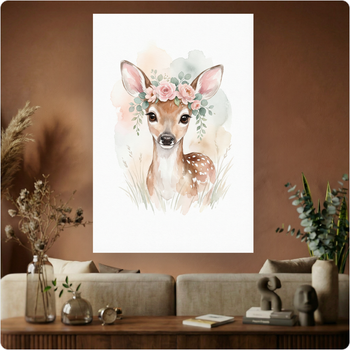 Affiche faon aquarelle "Faon Fleuri" poster déco murale enfant nature A3 Sans cadre