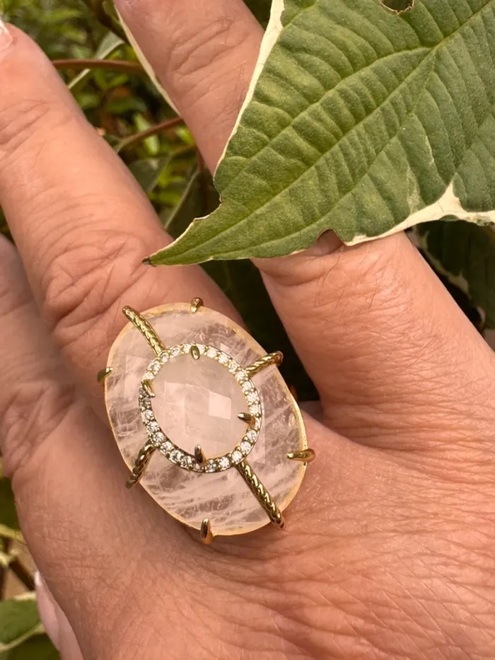 Grosse bague habaha Paris zircons et jade blanc tout en transparence acier inoxydable or réglable - photo numéro 3