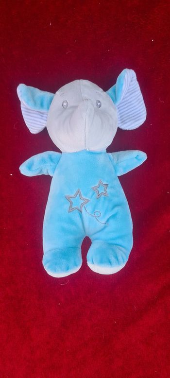 Petit doudou bébé  éléphant Gris et bleu avec blanc sous pattes et étoiles