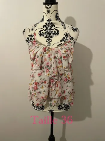 Débardeur à fine bretelles ample à volant blanc fleuri rose multicolore strass col taille 36