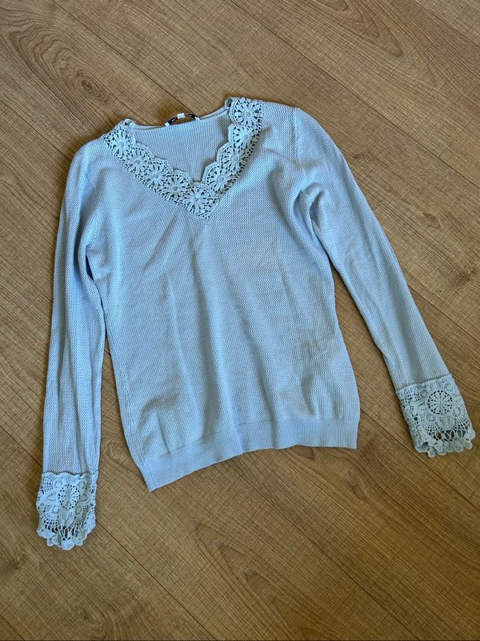 Pull bleu clair avec dentelle Morgan taille S TBE - photo numéro 7