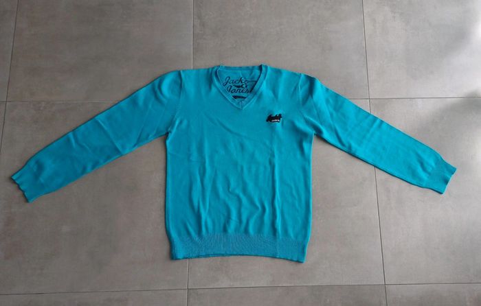 Pull à col V léger bleu turquoise Jack and Jones homme taille M logo brodé - photo numéro 3