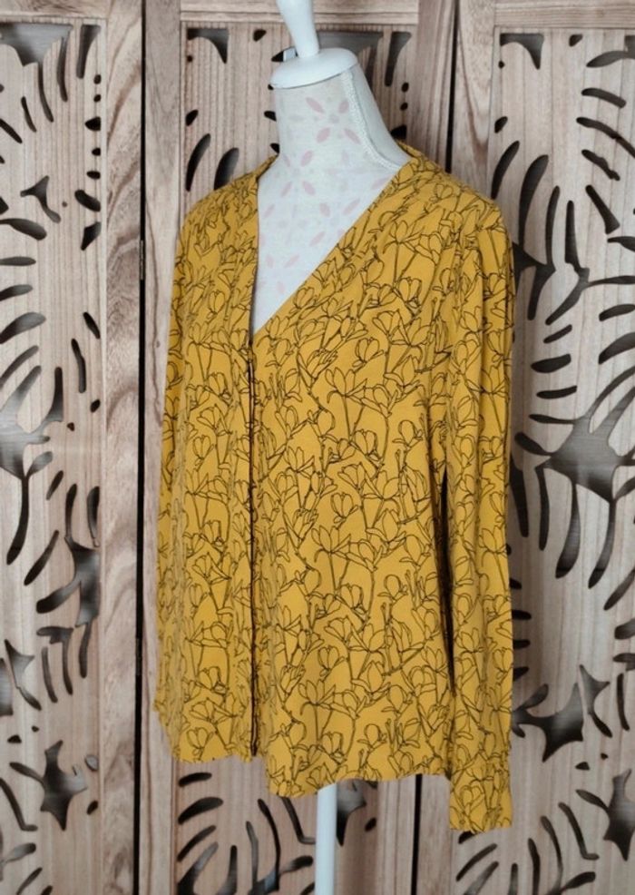 Chemisier fluide jaune moutarde - Motif floral noir - Taille 40/42 Camaïeu - photo numéro 4
