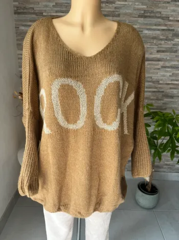 Pull grande taille camel et doré rock avec laine