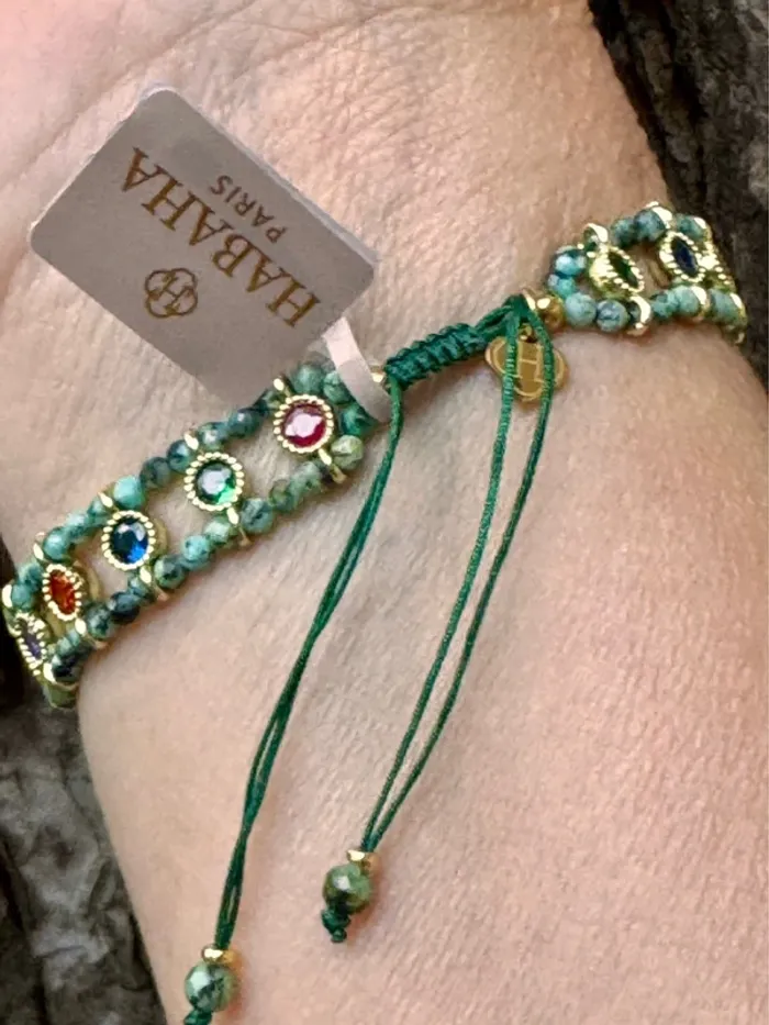 Bracelet manchette fils tissés pierres malachite cristaux couleurs acier inoxydable or habaha Paris - photo numéro 4