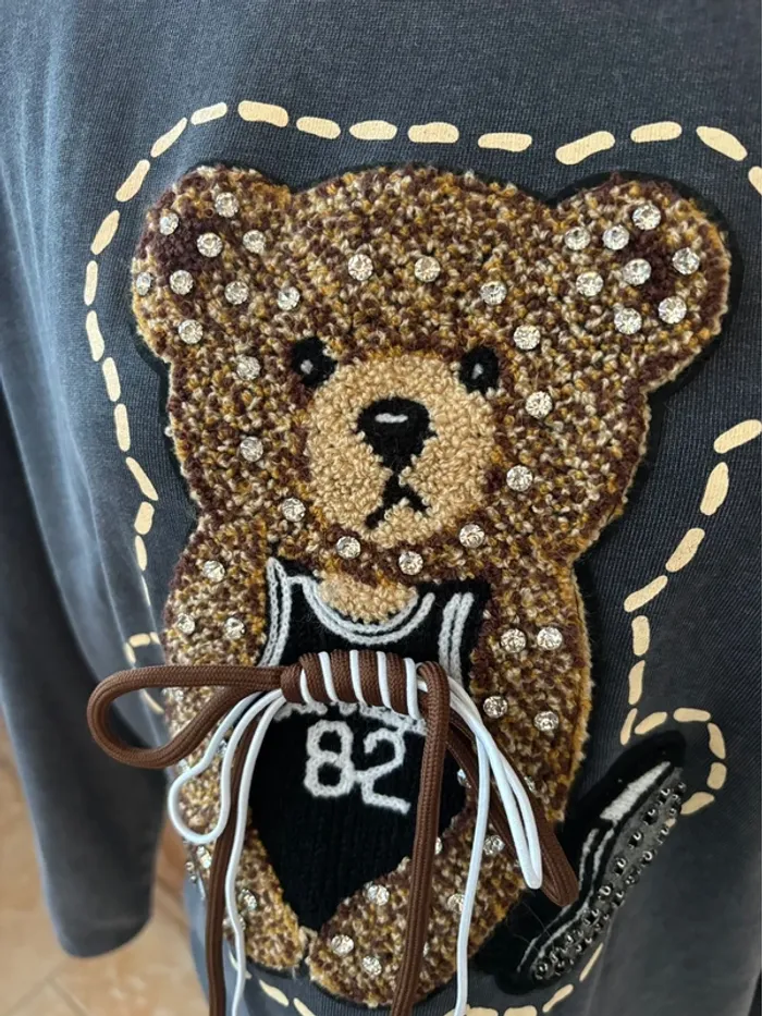 Sweat gris foncé noir ourson et strass Taille unique - photo numéro 2