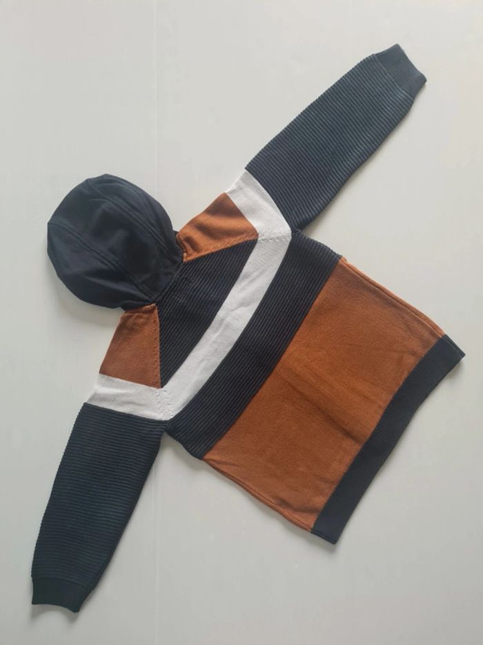 Gilet zippé en maille marron, marine et blanc avec capuche garçon 4 ans - photo numéro 6