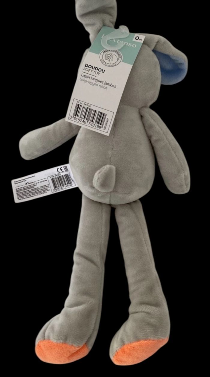 ❤️B4762 Doudou Peluche Lapin Gris Bleu Orange In Extenso InExtenso AUCHAN - photo numéro 2