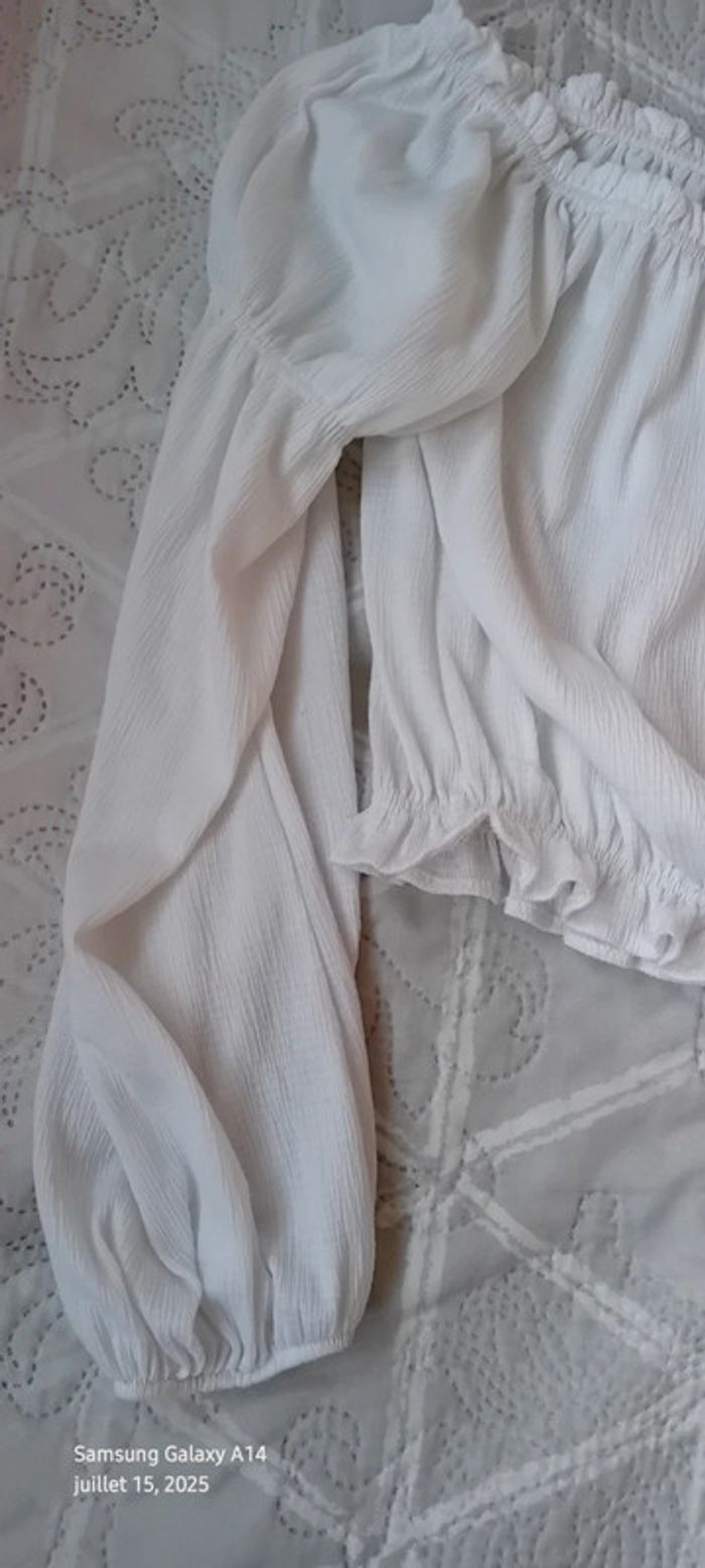 Blouse courte col Bardot elastique aspect plissé blanc femme L bershka - photo numéro 10