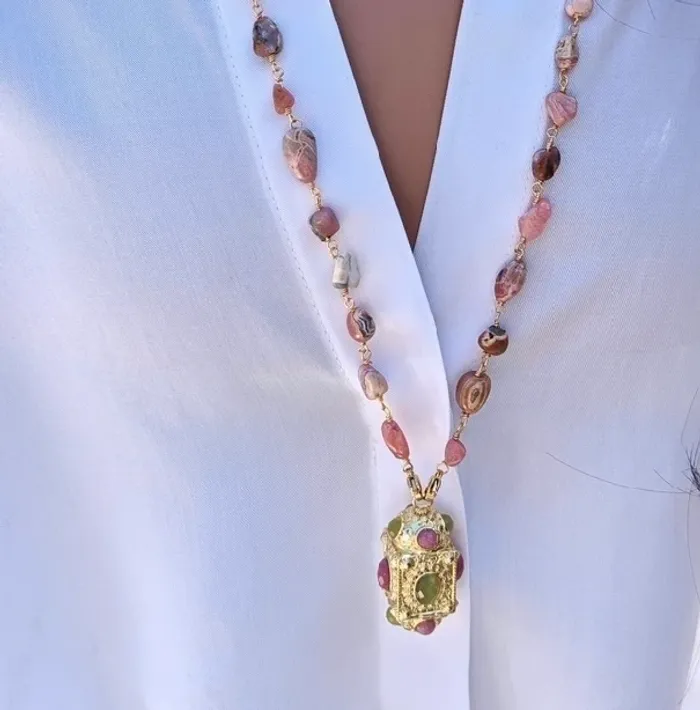 Collier sautoir habaha Paris grigrî80  cm rhidochronite et prehnite - photo numéro 5