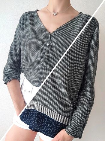 Blouse Col V bleu marine pois vert blanc bohème/ Camaïeu - 36/S