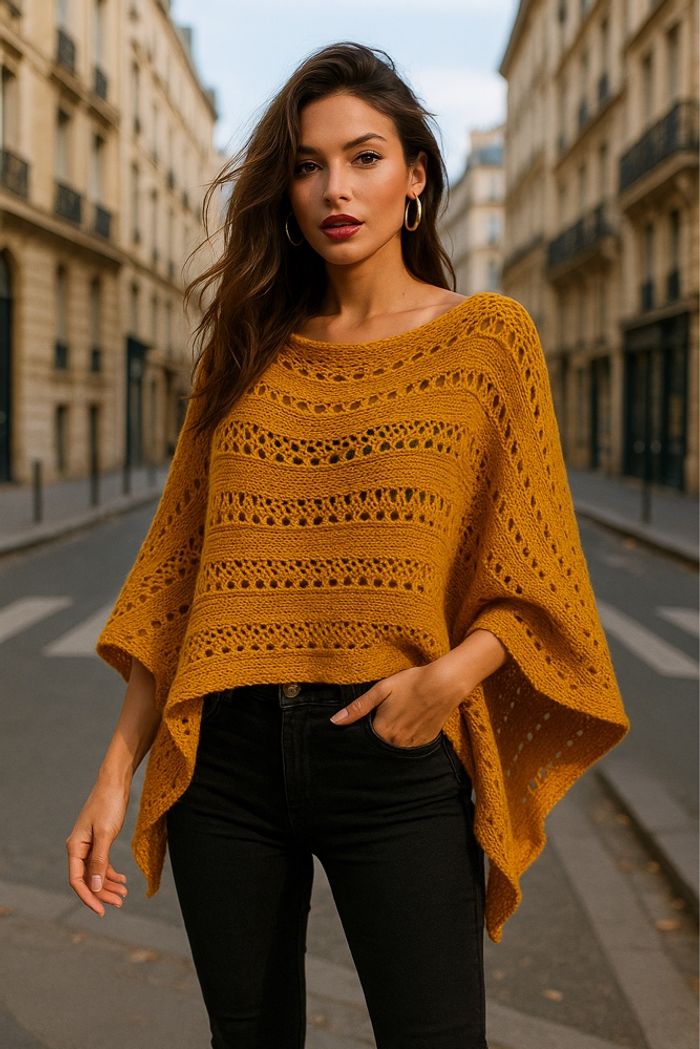 Poncho en tricot ajouré moutarde femme taille M