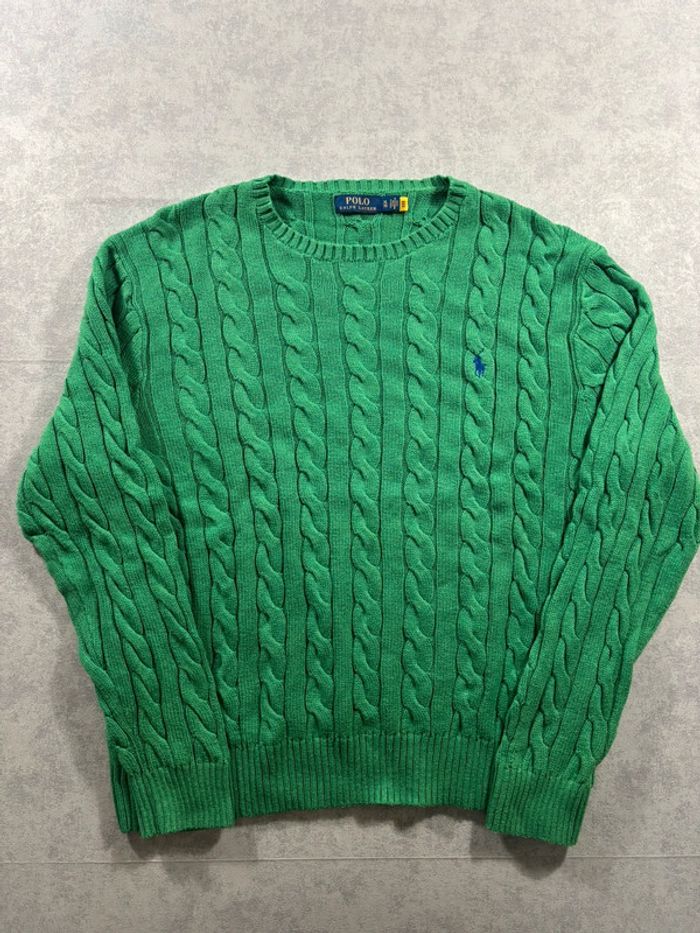 Pull Torsadé Ralph Lauren Vert logo brodé bleu Taille XL - photo numéro 5