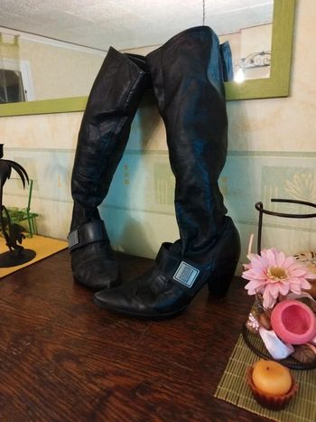 Bottes 36 hautes noires cuir talons 7 cm vintage high leather boots