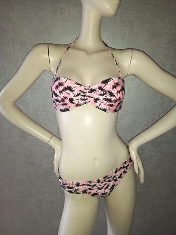 maillot de bain 2 pièces palmiers rose et noir taille 40
