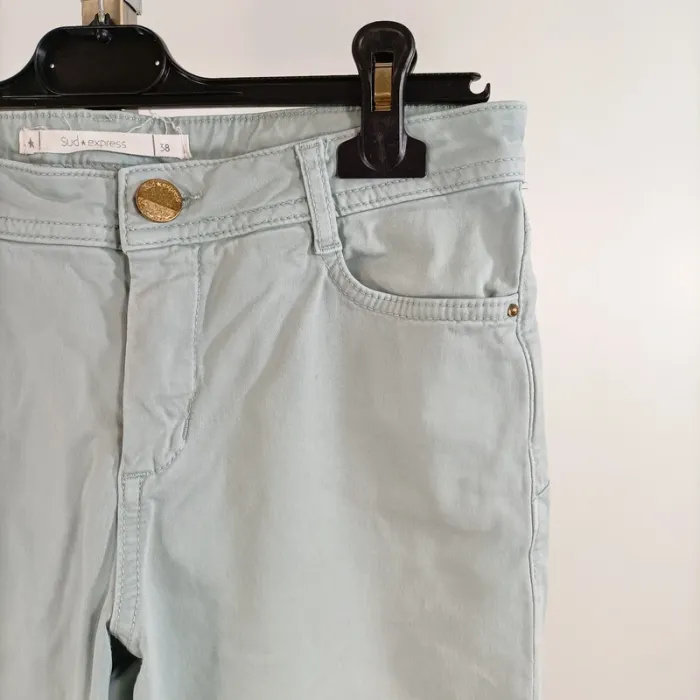Pantalon slim vert d’eau Sud Express taille 38 coton stretch coupe près du corps A1338 - photo numéro 3