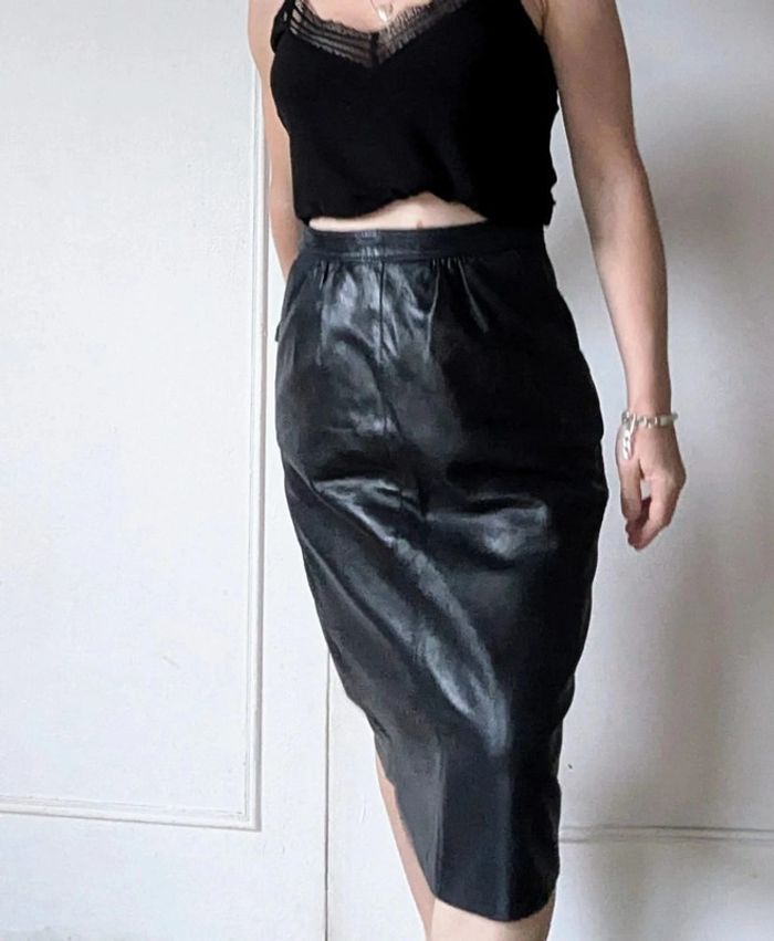 💎 jupe midi en cuir noir sexy chic rockabilly créateur français vintage GMG rare authentique t XS 34 - photo numéro 14
